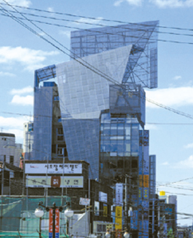 e) Metal screen: Sun Tower Office Building, Seoul, South Korea. Architect: Morphosis Architecture